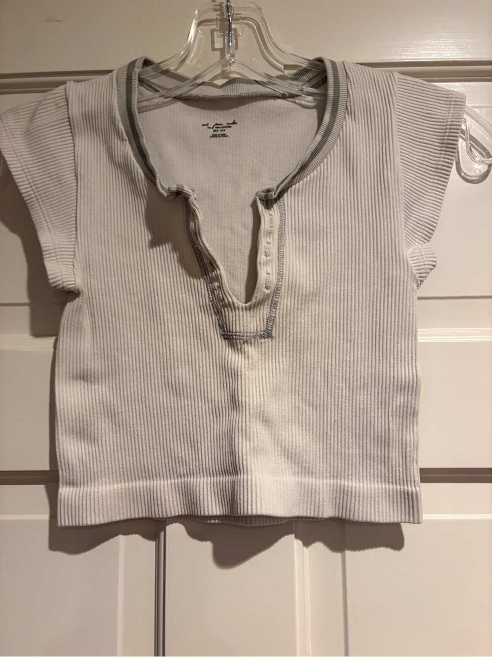 Urban Outfitters Cream Ribbed Crop Top with Sage Trim